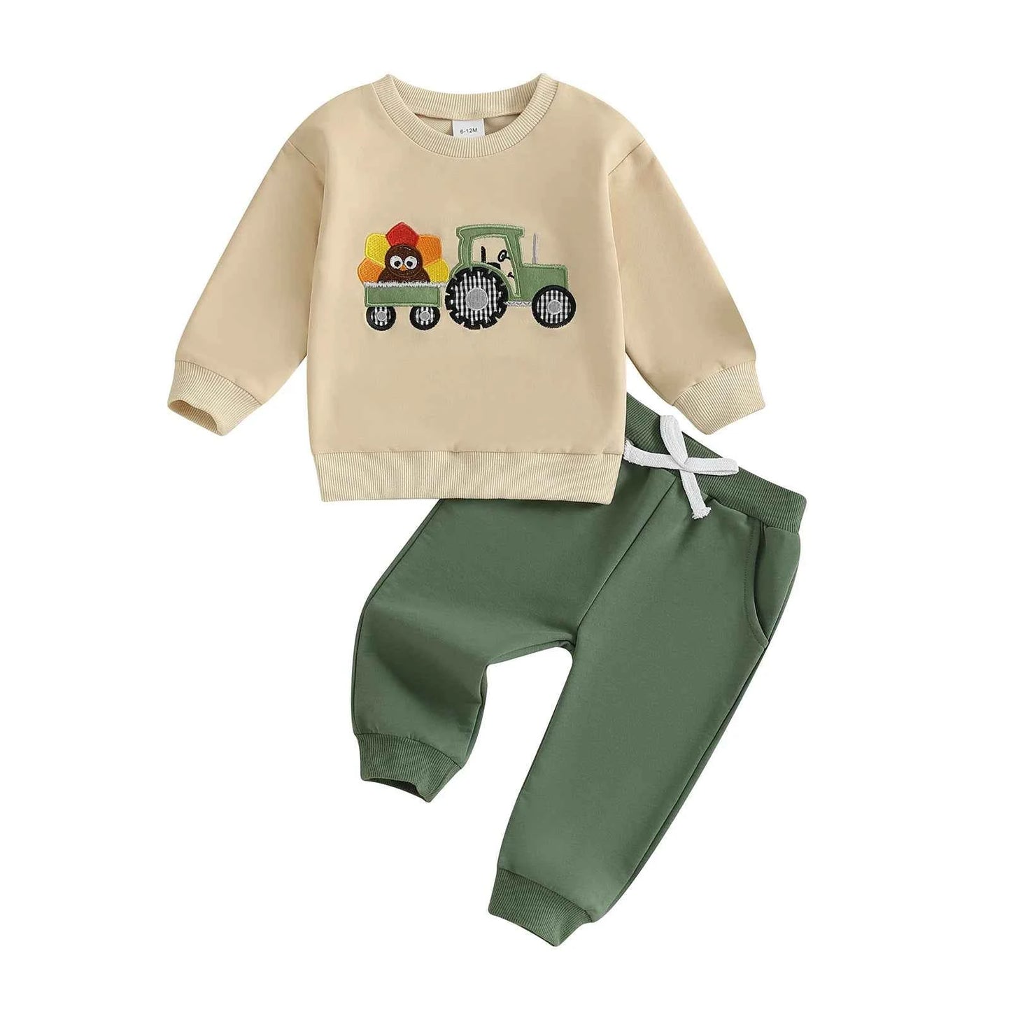 Pumpkin Turkey Tractor Embroidery Sweatshirt & Elastic Waist Pants Set
