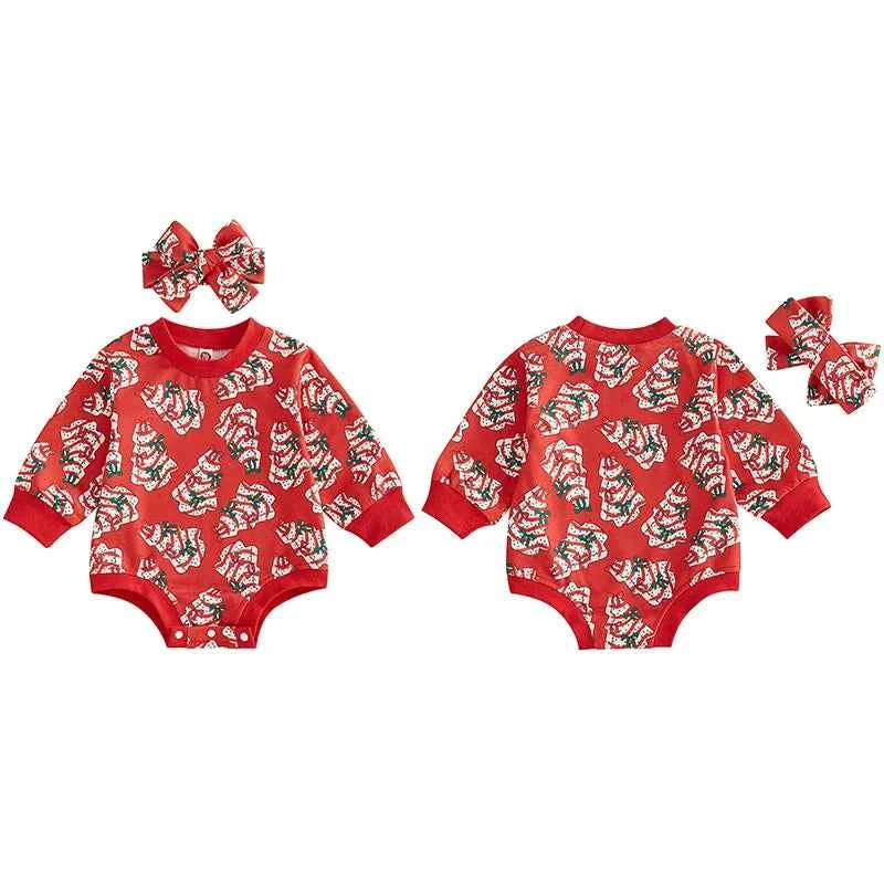 Baby Girl Christmas Romper Set – Long Sleeve Tree Print Jumpsuit with Cute Headband