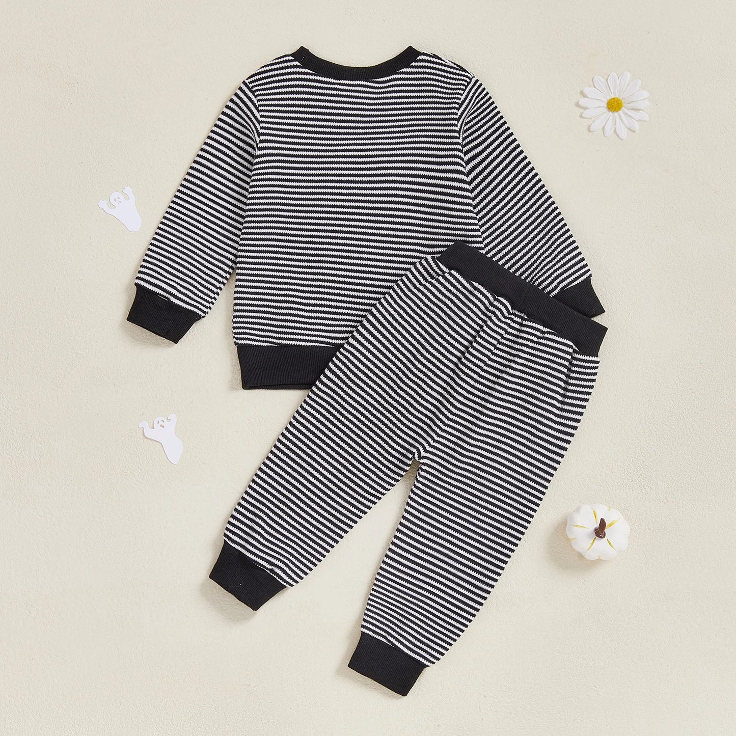 Toddler Baby Halloween Outfit – Ghost Embroidery Striped Sweatshirt + Elastic Pants 2-Piece Set