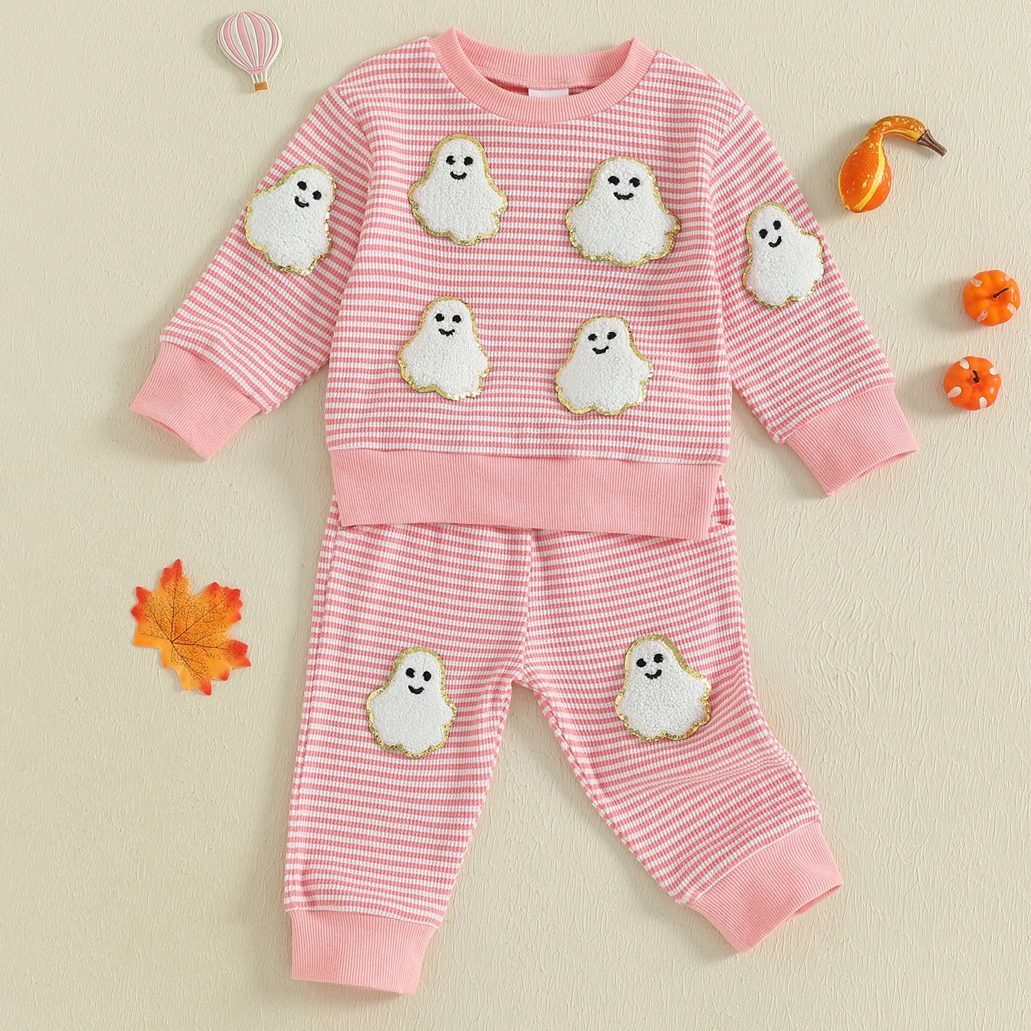 Toddler Baby Halloween Outfit – Ghost and Pumpkin Print Sweatshirt with Pants Set