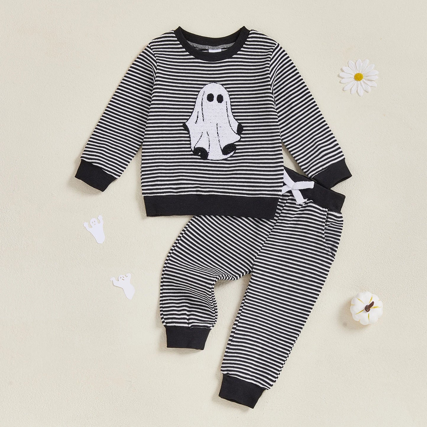Toddler Baby Halloween Outfit – Ghost Embroidery Striped Sweatshirt + Elastic Pants 2-Piece Set