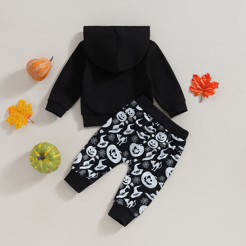 Baby Boys Halloween Outfit – Hooded Letter Print Hoodie and Pumpkin Sweatpants 2-Piece Set (0–3Y)