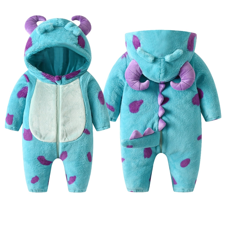 Baby Fleece Hooded Jumpsuit – Warm Winter Romper with Horn Design (0–3 Years)