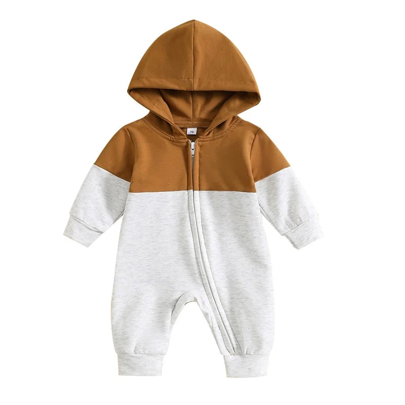 Infant Baby Boy Hooded Romper – Long Sleeve Contrast Zipper Jumpsuit 0-18M