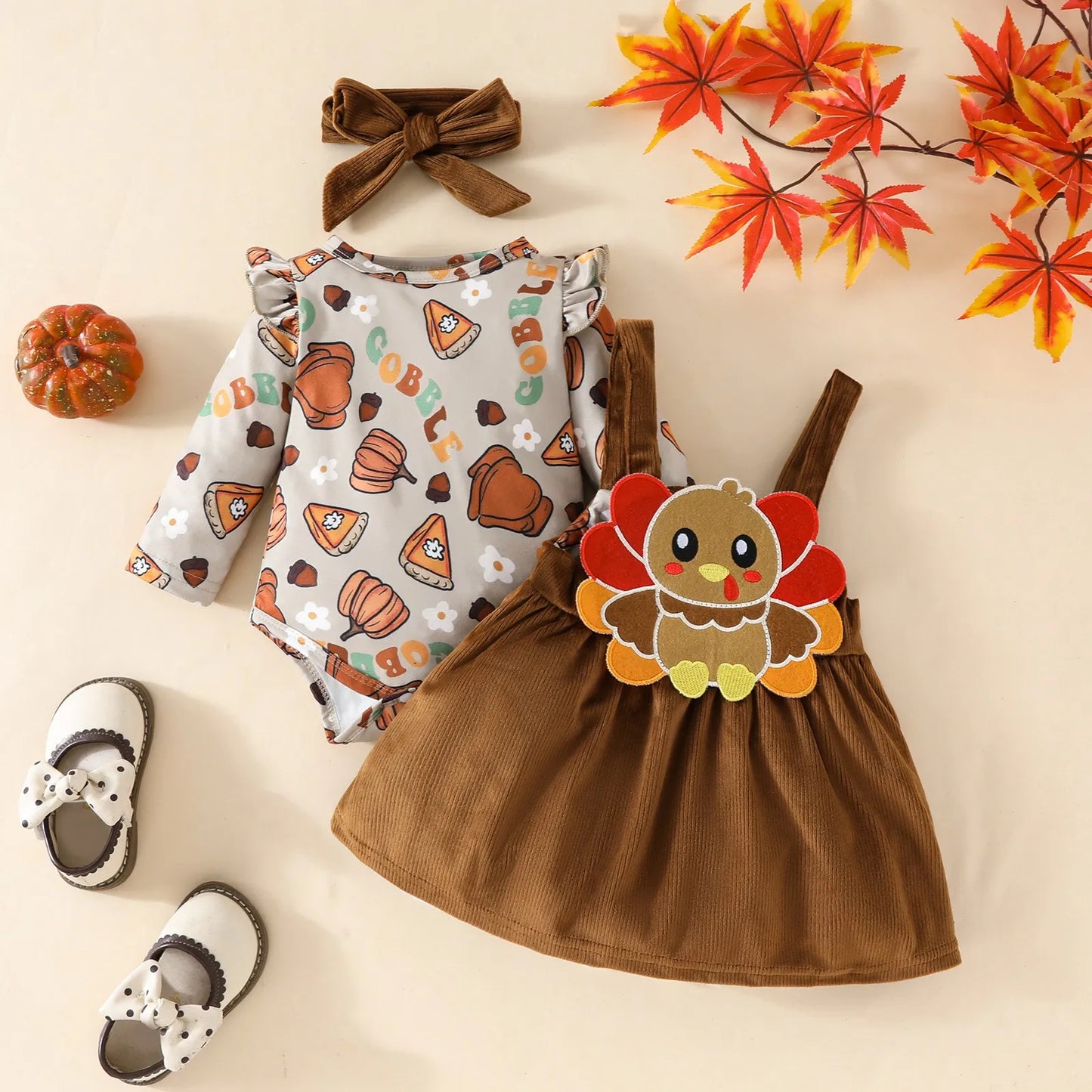 Baby Girl Thanksgiving Outfit – Long Sleeve Romper Dress with Headband