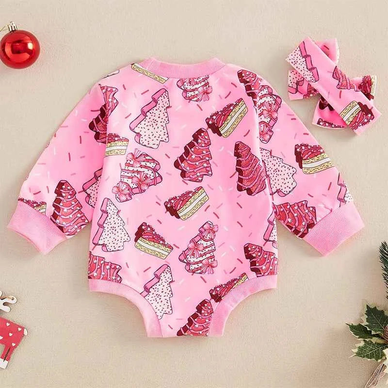 Baby Girl Christmas Romper Set – Long Sleeve Tree Print Jumpsuit with Cute Headband