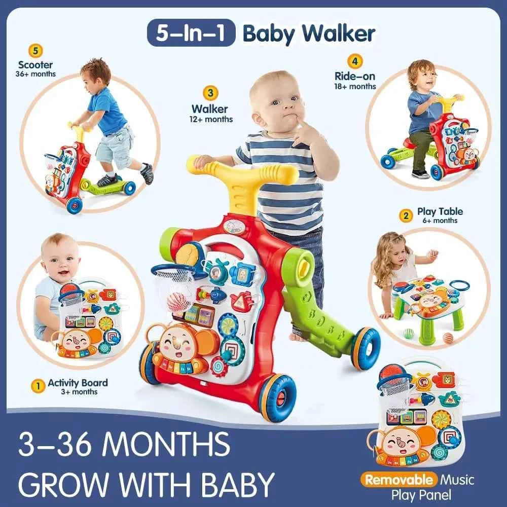 5-in-1 Baby Walker – Sit-to-Stand Learning Walker, Scooter, Balance Bike & Activity Table with Music