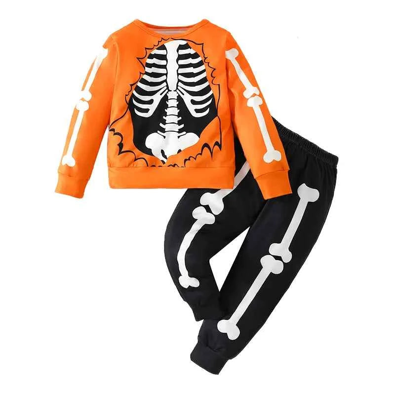 Kids Halloween Outfit – Skeleton Print Sweatshirt and Pants 2-Piece Set (2–7T)