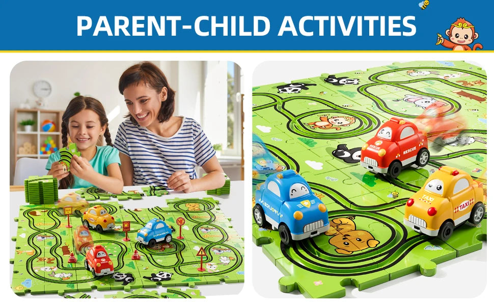 Jigsaw Puzzle Race Track Car Set – Puzzle & Car Toys for Kids Ages 3-5