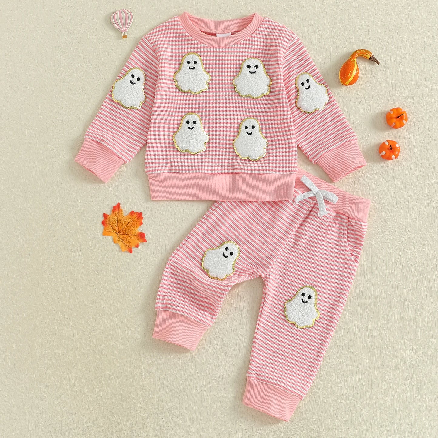 Toddler Baby Halloween Outfit – Ghost and Pumpkin Print Sweatshirt with Pants Set