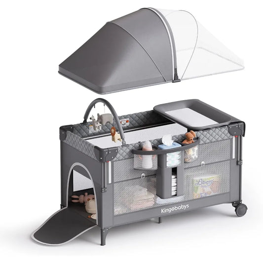 4-in-1 Baby Bassinet – Pack and Play Bedside Crib Sleeper with Diaper Changer and Mosquito Net