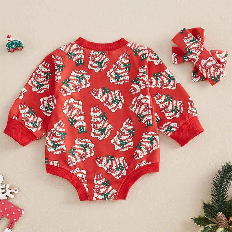 Baby Girl Christmas Romper Set – Long Sleeve Tree Print Jumpsuit with Cute Headband