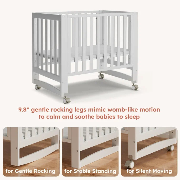 EvoNest 6-in-1 Portable Mini Crib with Mattress – White New Zealand Pinewood, 4 Height Adjustable
