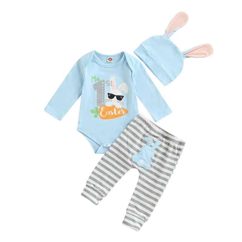 Infant Baby Outfit 3-Piece Set – Bunny Print Bodysuit with Striped Bottoms, Bunny Ear Beanie for My 1st Easter