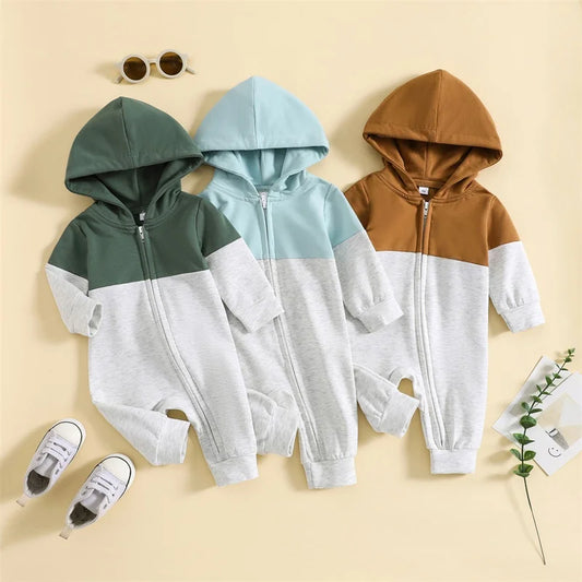 Infant Baby Boy Hooded Romper – Long Sleeve Contrast Zipper Jumpsuit 0-18M