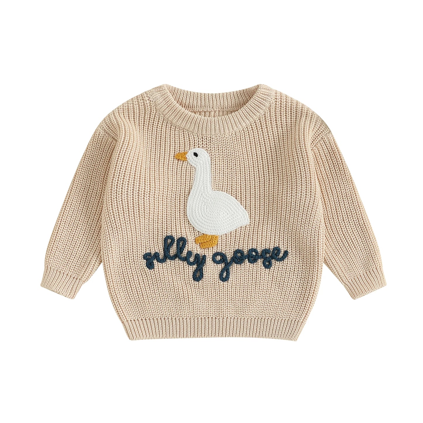 Toddler Boys ‘Silly Goose’ Embroidered Sweater – Crewneck Long Sleeve Pullover