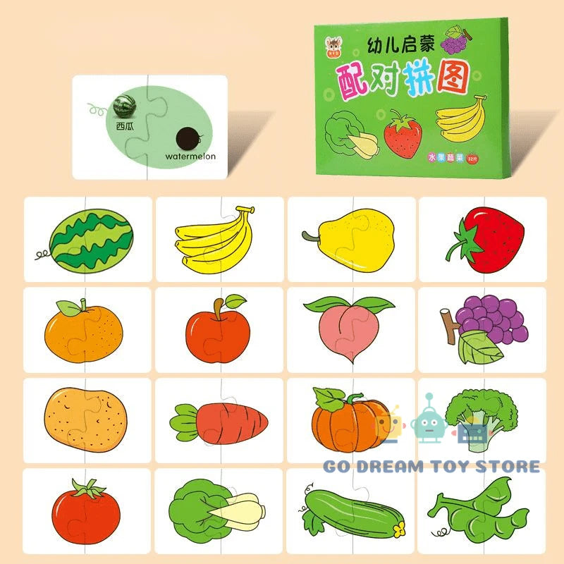 32Pcs Montessori Matching Puzzle Cards – Toddler Early Learning Toys for Shapes, Colors & Animals