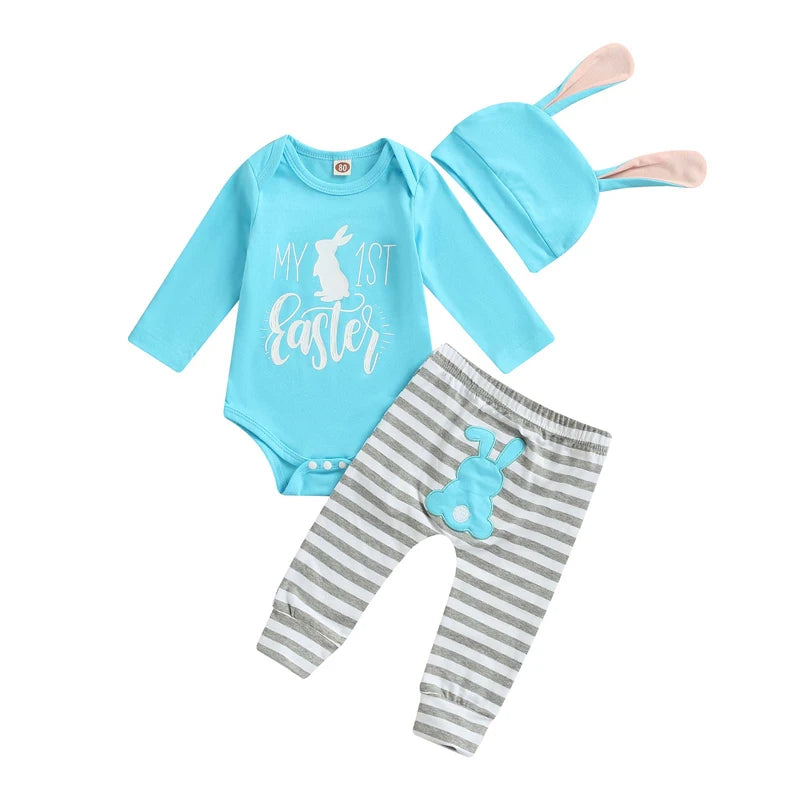 Infant Baby Outfit 3-Piece Set – Bunny Print Bodysuit with Striped Bottoms, Bunny Ear Beanie for My 1st Easter
