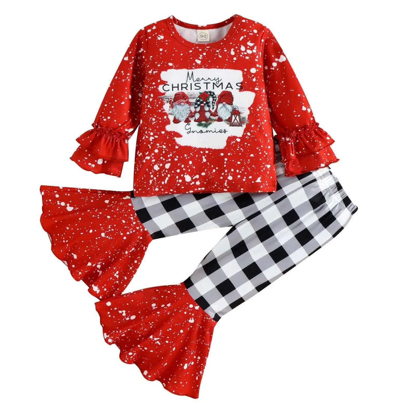 Toddler Girls Christmas Outfit – Letter Print Top & Plaid Bell Bottom Pants Set