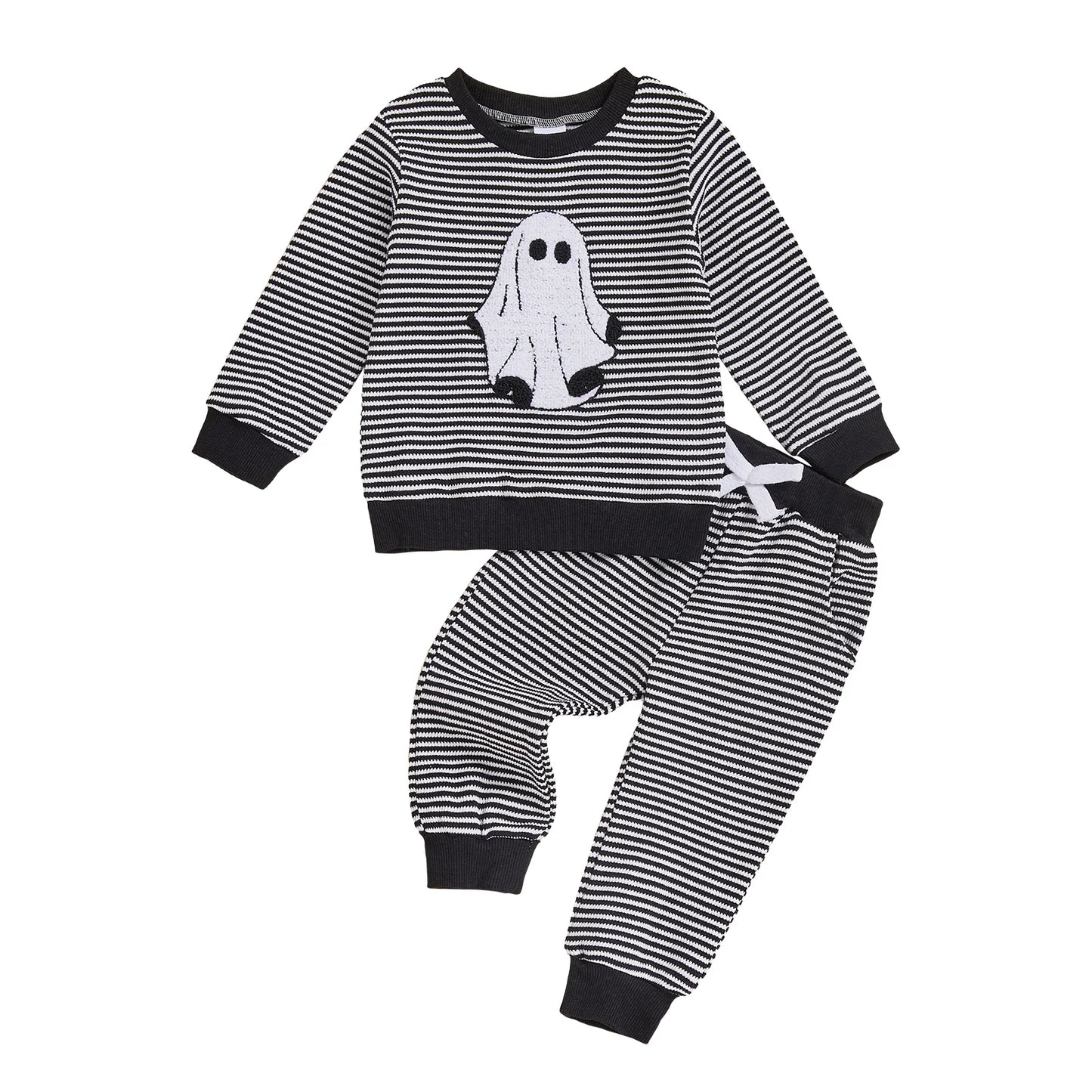 Toddler Baby Halloween Outfit – Ghost Embroidery Striped Sweatshirt + Elastic Pants 2-Piece Set