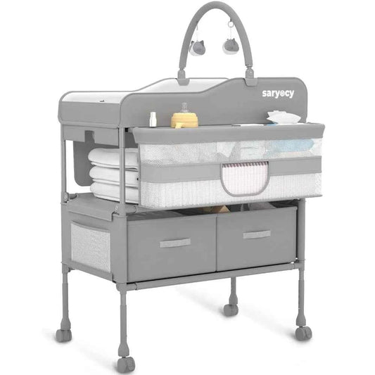 Foldable Baby Changing Table with 2 Drawers – Adjustable Height Waterproof Diaper Changing Station