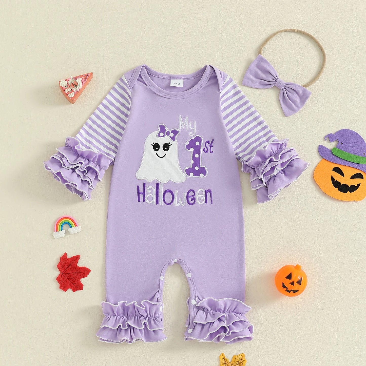 Toddler Baby Girl Halloween Outfit – Pumpkin Ghost Embroidery Romper with Headband
