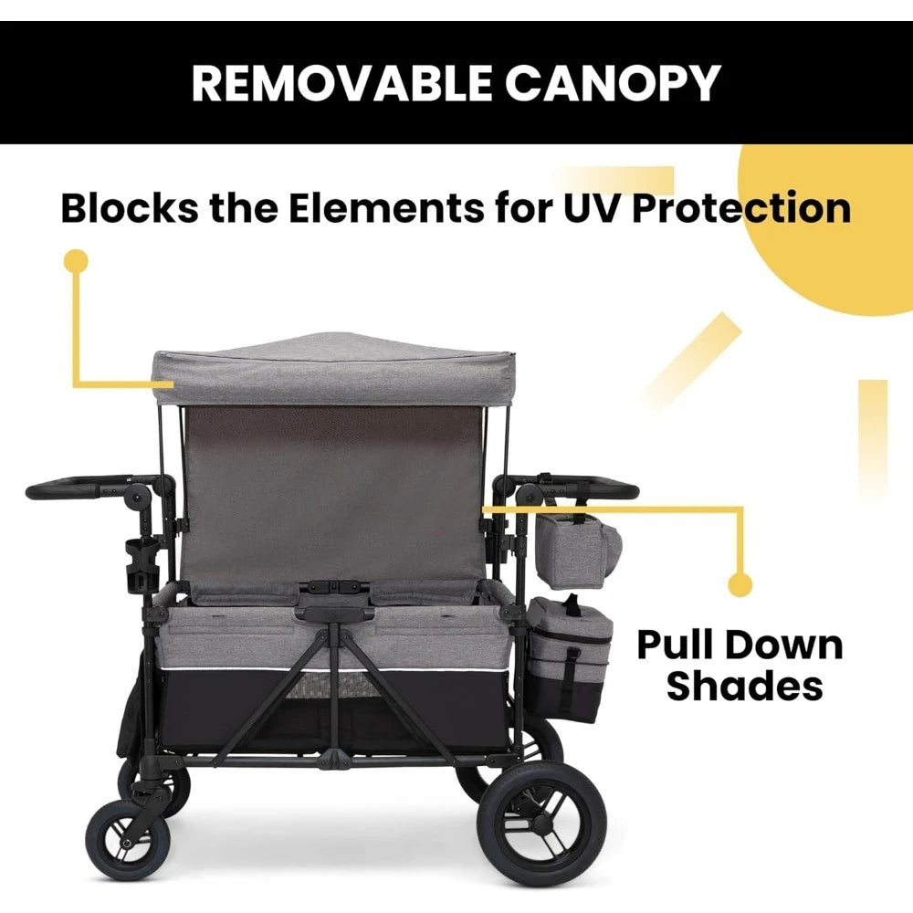 Deluxe 4-Seater Stroller Wagon for Kids – Grey, Foldable with Adjustable Push/Pull Handles & Removable Canopy
