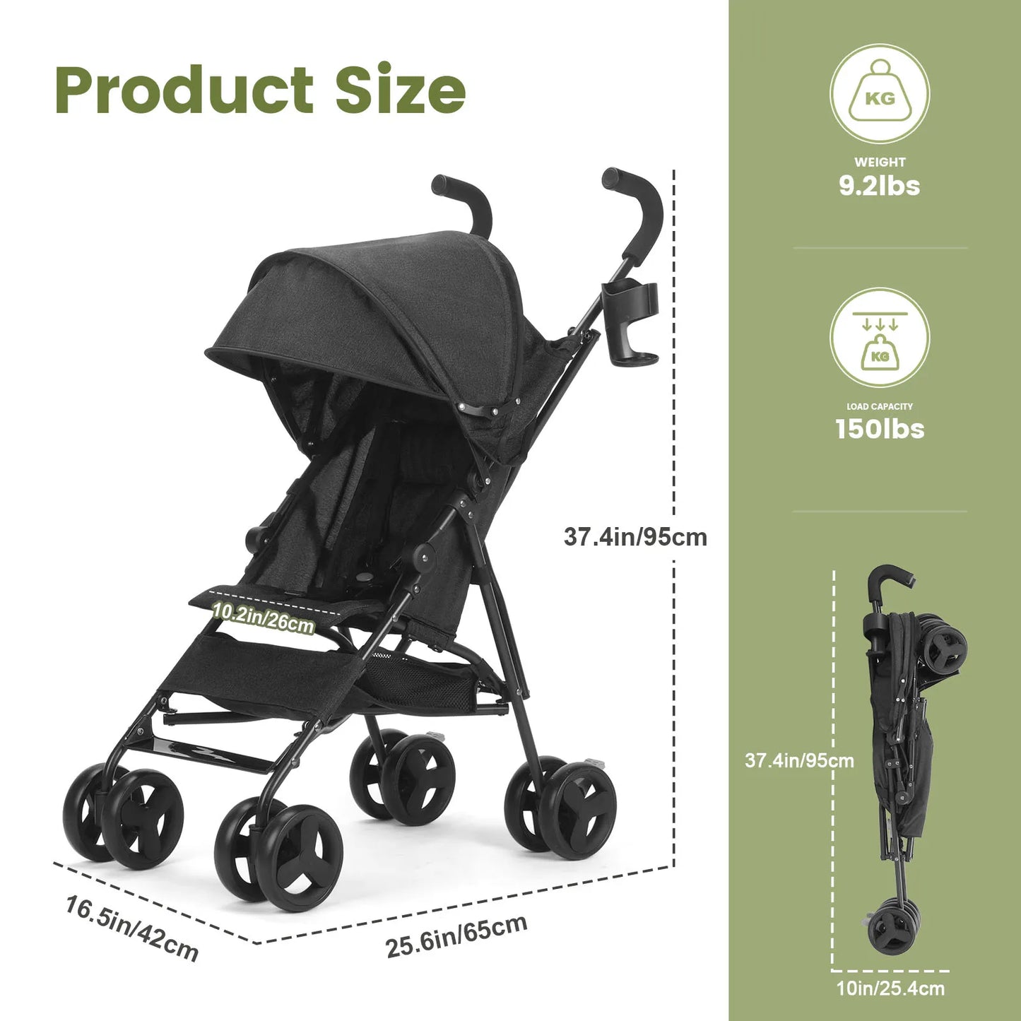 Lightweight Folding Baby Stroller – 4-Wheel High Landscape Seat, Sit or Lie Down