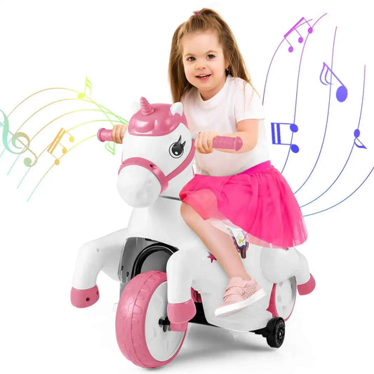 12V Kids Ride-On Unicorn Toy with Training Wheels, Music, and One-Button Start