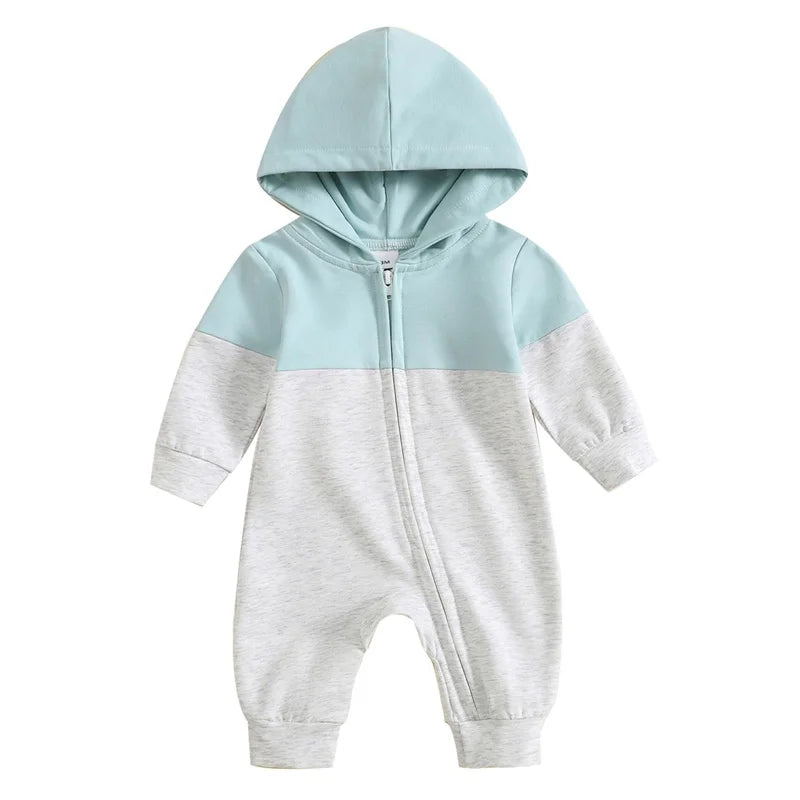 Infant Baby Boy Hooded Romper – Long Sleeve Contrast Zipper Jumpsuit 0-18M