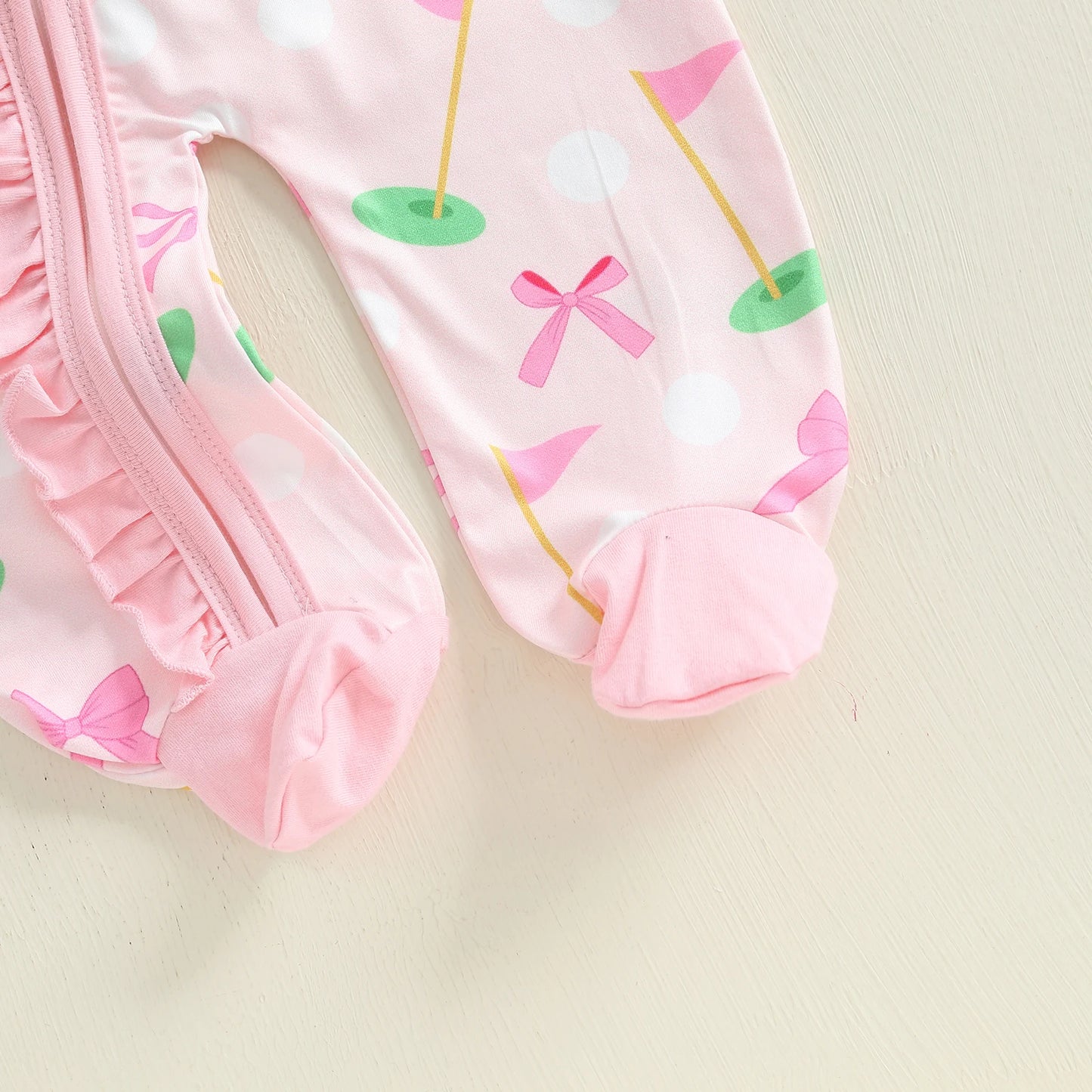 Baby Girl Fall Outfit – Golf Print Ruffled Footie Romper & Bow Headband Set (2PCS)
