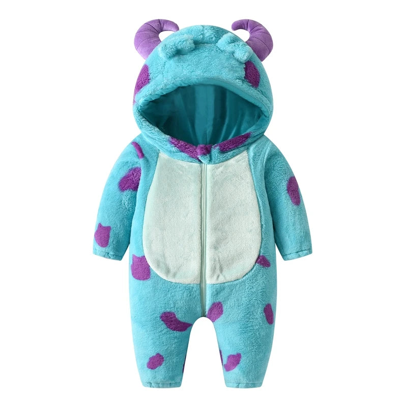 Baby Fleece Hooded Jumpsuit – Warm Winter Romper with Horn Design (0–3 Years)