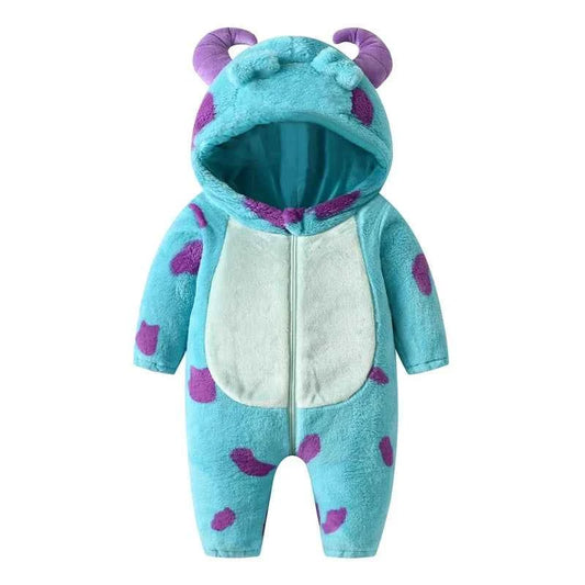 Baby Fleece Hooded Jumpsuit – Warm Winter Romper with Horn Design (0–3 Years)