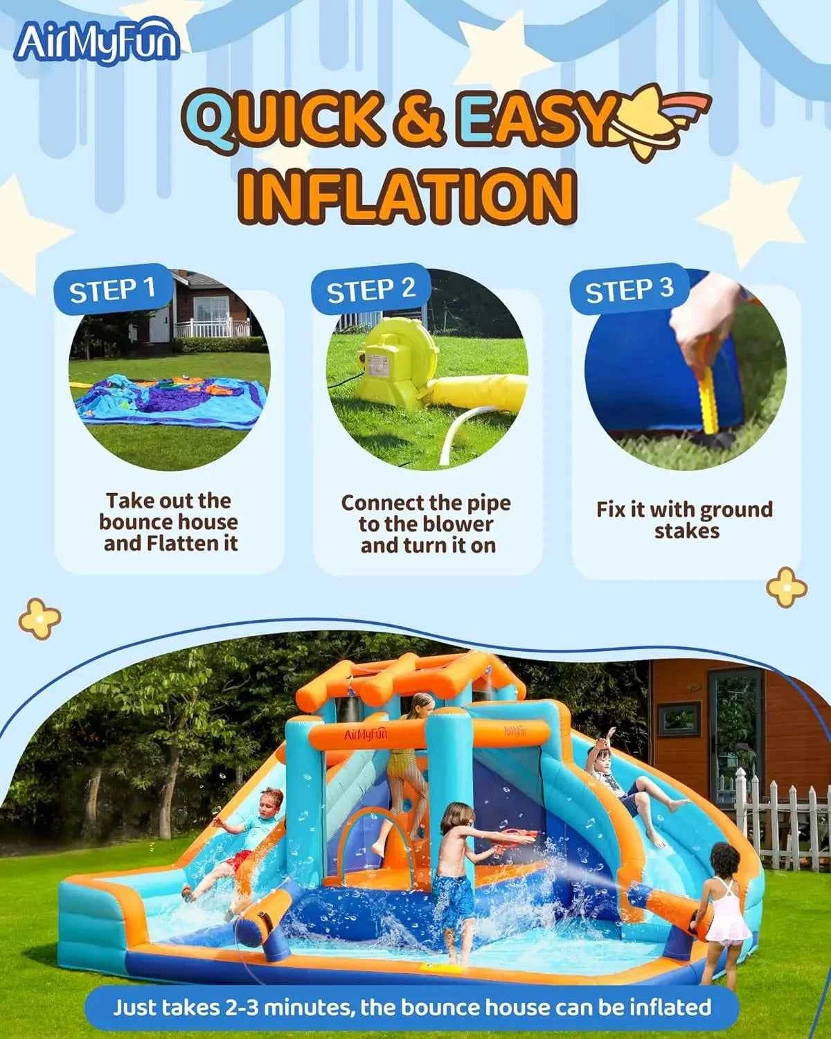 Inflatable Water Slide Bounce House with Dual Slides and Large Splash Pool for Kids and Adults