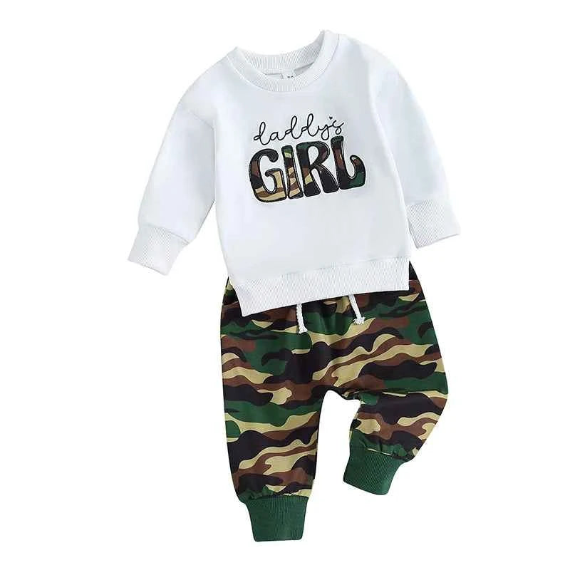 Baby Girl White Pullover & Camo Pants Set – 2-Piece Toddler Outfit