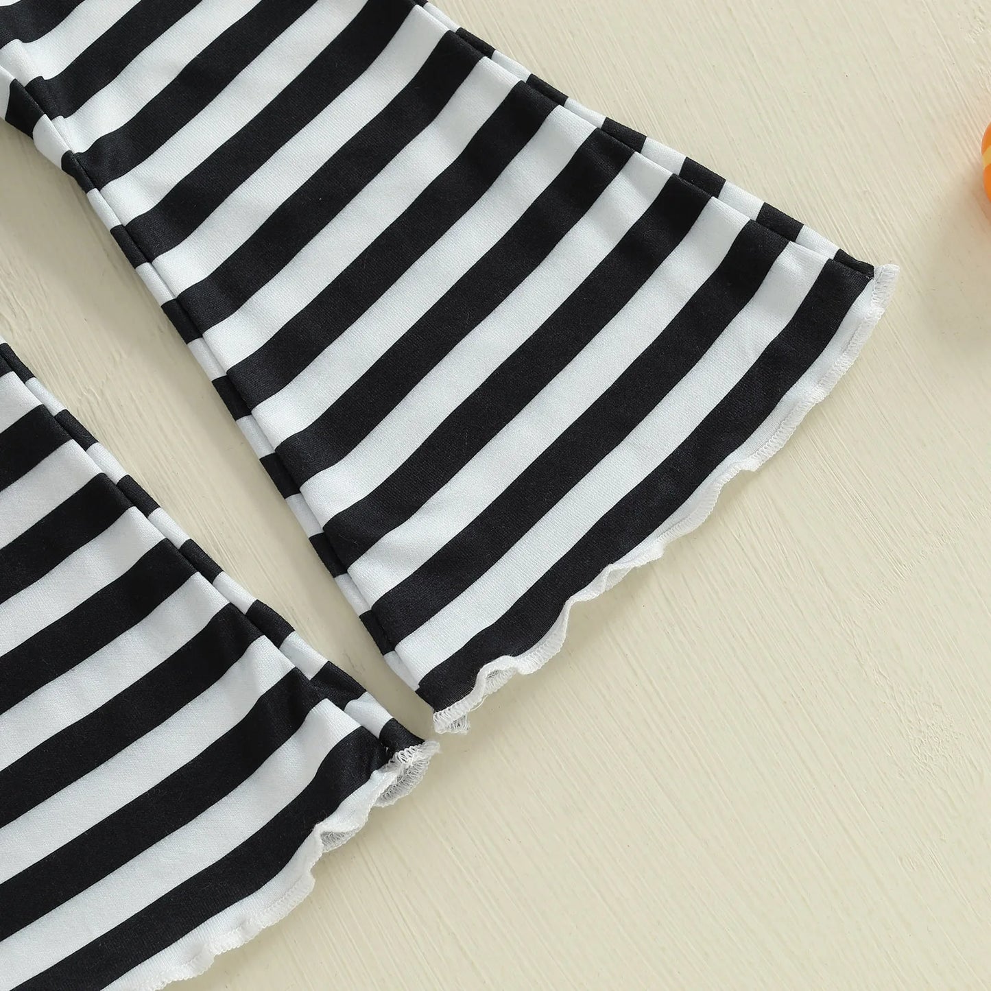 Baby Girl Halloween Outfit – Pumpkin Face Long Sleeve Romper + Striped Bell Bottom Pants 2-Piece Set