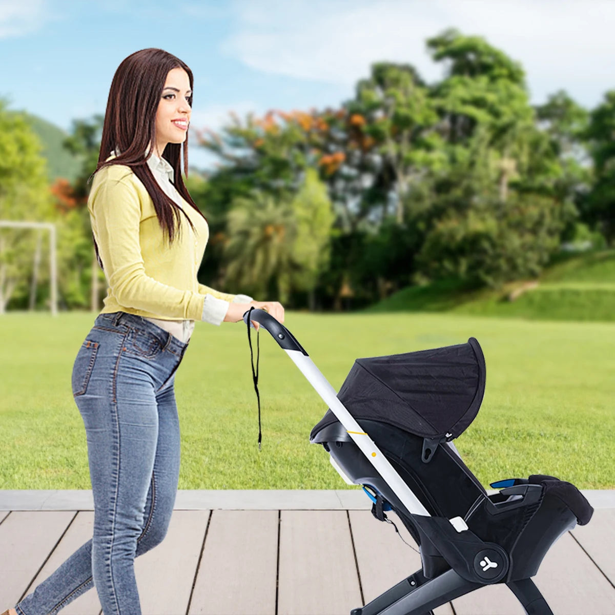 Baby stroller, Portable and foldable, metal frame, adjustable sunshade roof, two-way station wagon