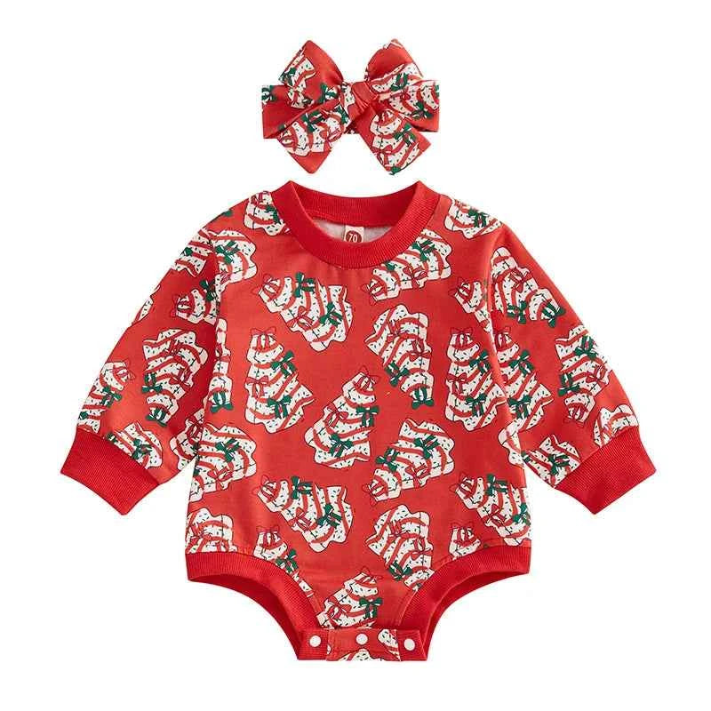 Baby Girl Christmas Romper Set – Long Sleeve Tree Print Jumpsuit with Cute Headband