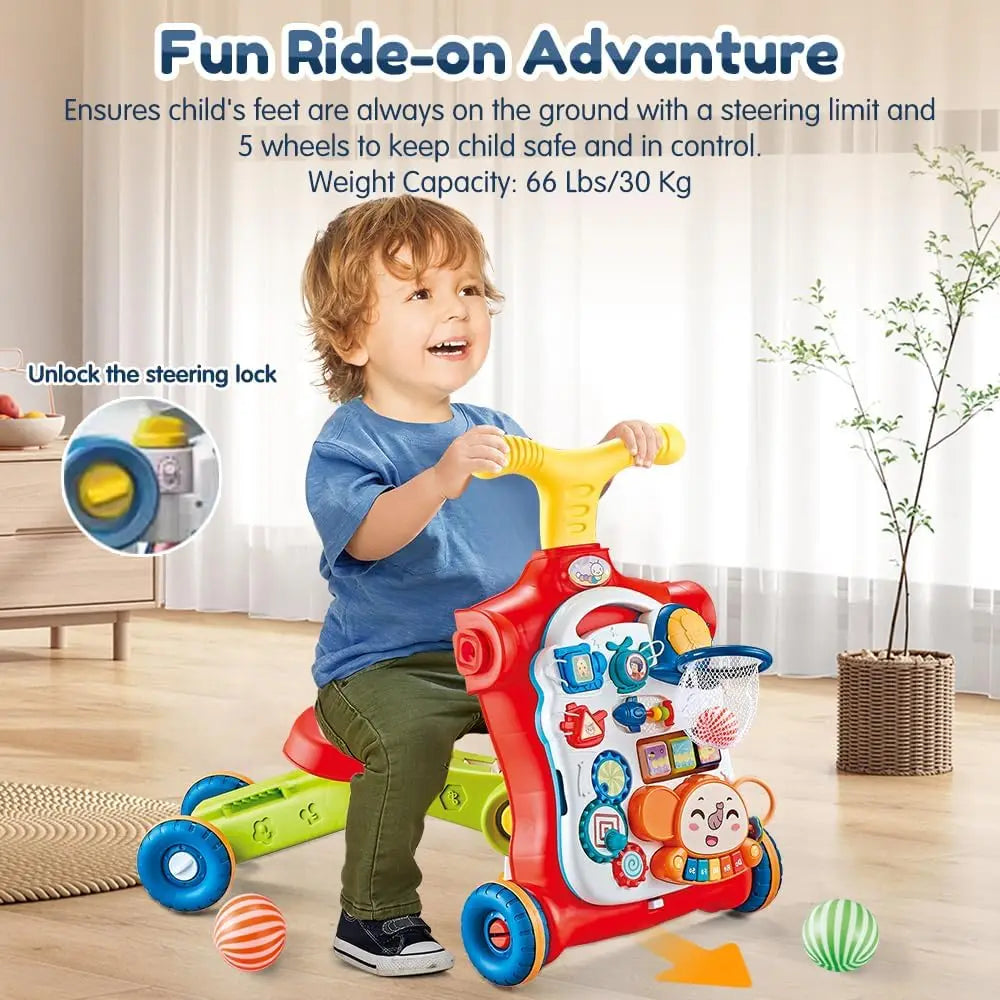 5-in-1 Baby Walker – Sit-to-Stand Learning Walker, Scooter, Balance Bike & Activity Table with Music