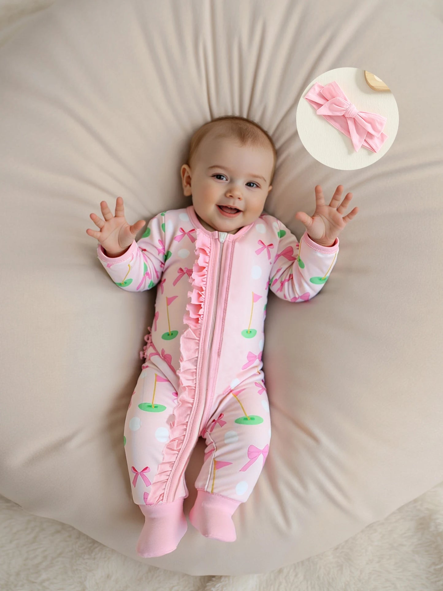 Baby Girl Fall Outfit – Golf Print Ruffled Footie Romper & Bow Headband Set (2PCS)