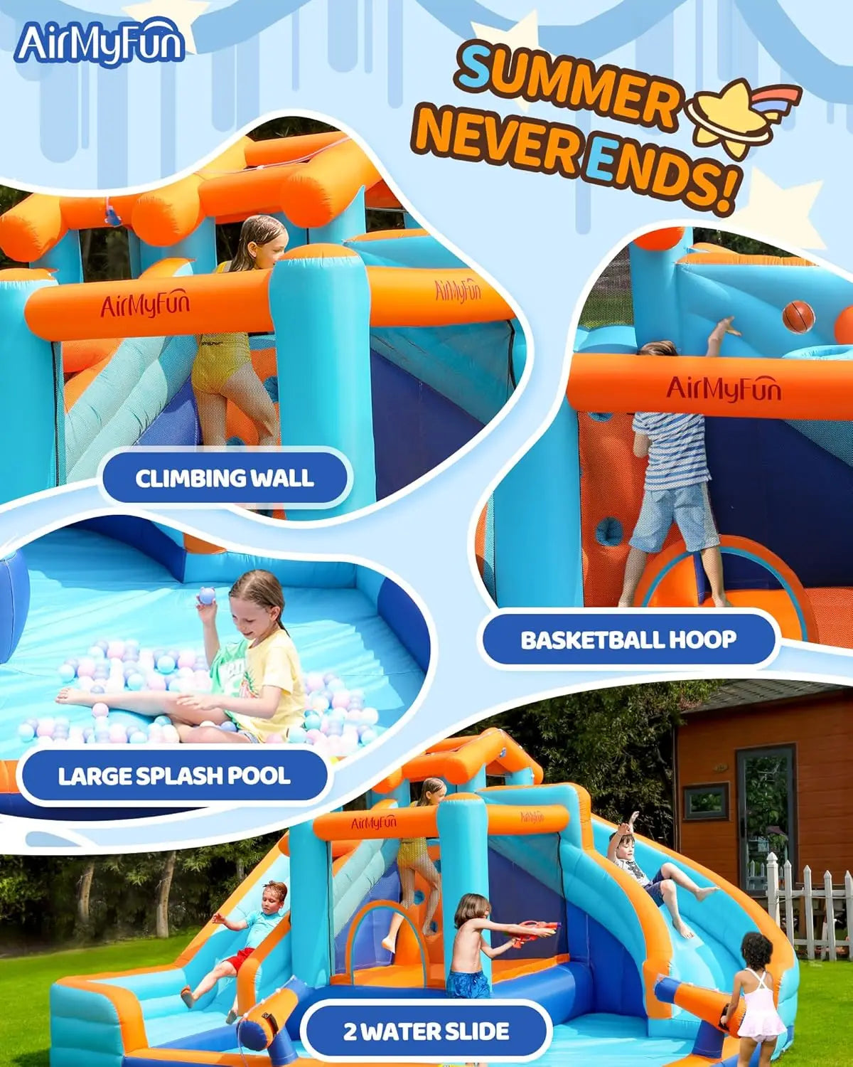 Inflatable Water Slide Bounce House with Dual Slides and Large Splash Pool for Kids and Adults