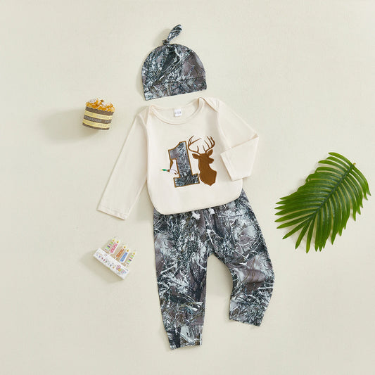 Baby Boy 1st Birthday Outfit – Deer Embroidery Romper, Printed Pants & Cap Set (3PCS)