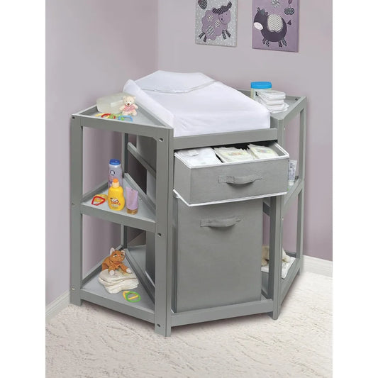 Corner Baby Changing Table – Space-Saving Nursery Diaper Station with Storage Bin, Changing Pad & Safety Belt