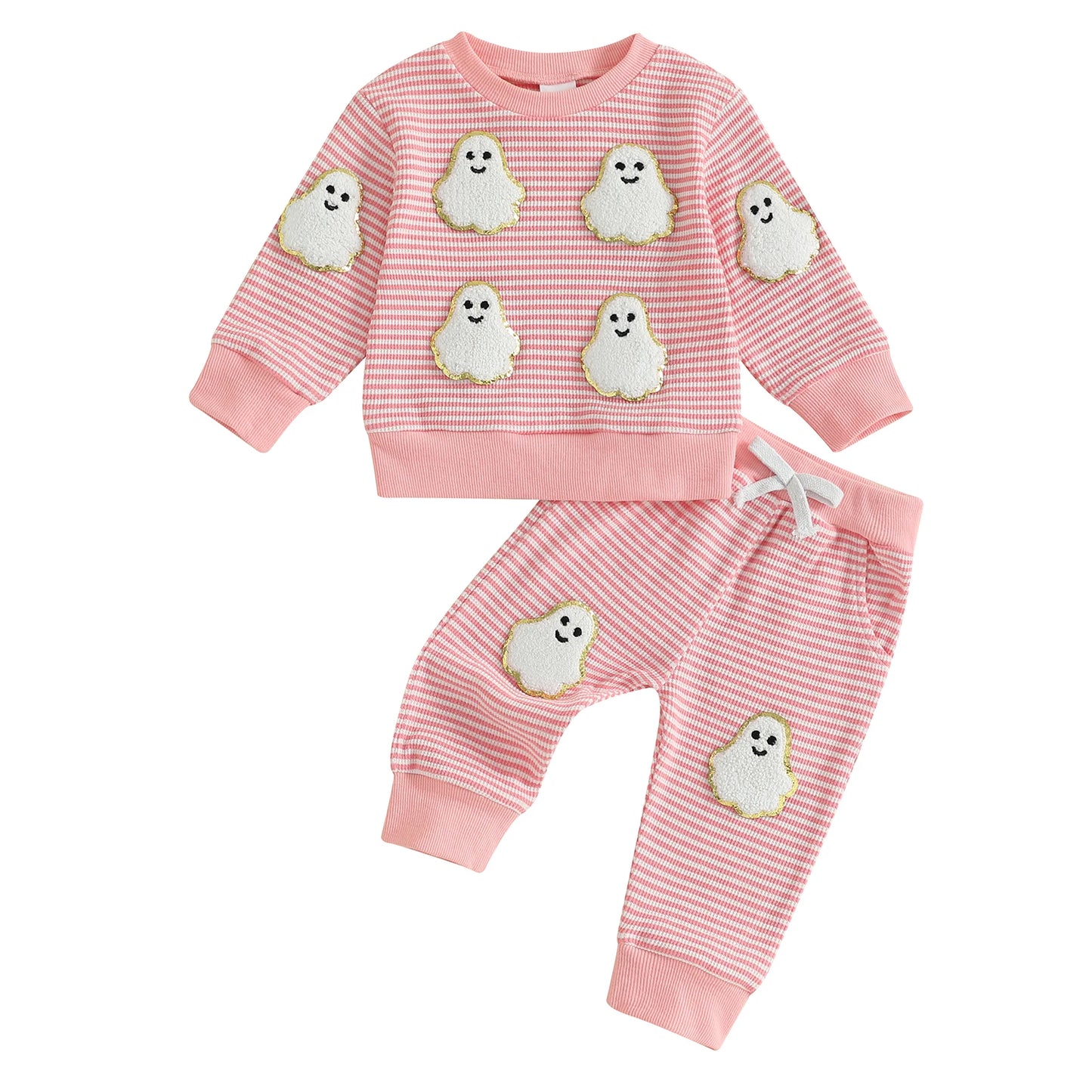 Toddler Baby Halloween Outfit – Ghost and Pumpkin Print Sweatshirt with Pants Set