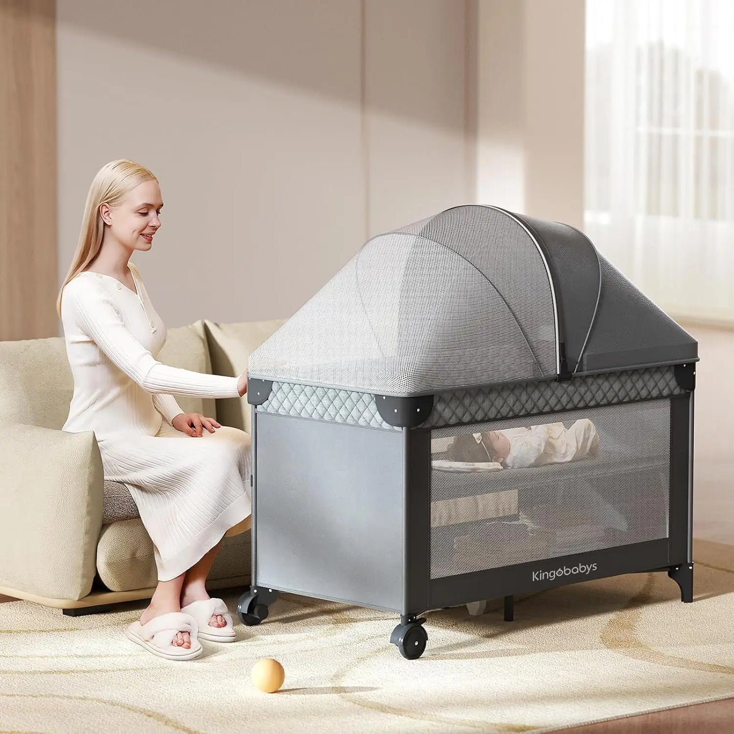 4-in-1 Baby Bassinet – Pack and Play Bedside Crib Sleeper with Diaper Changer and Mosquito Net