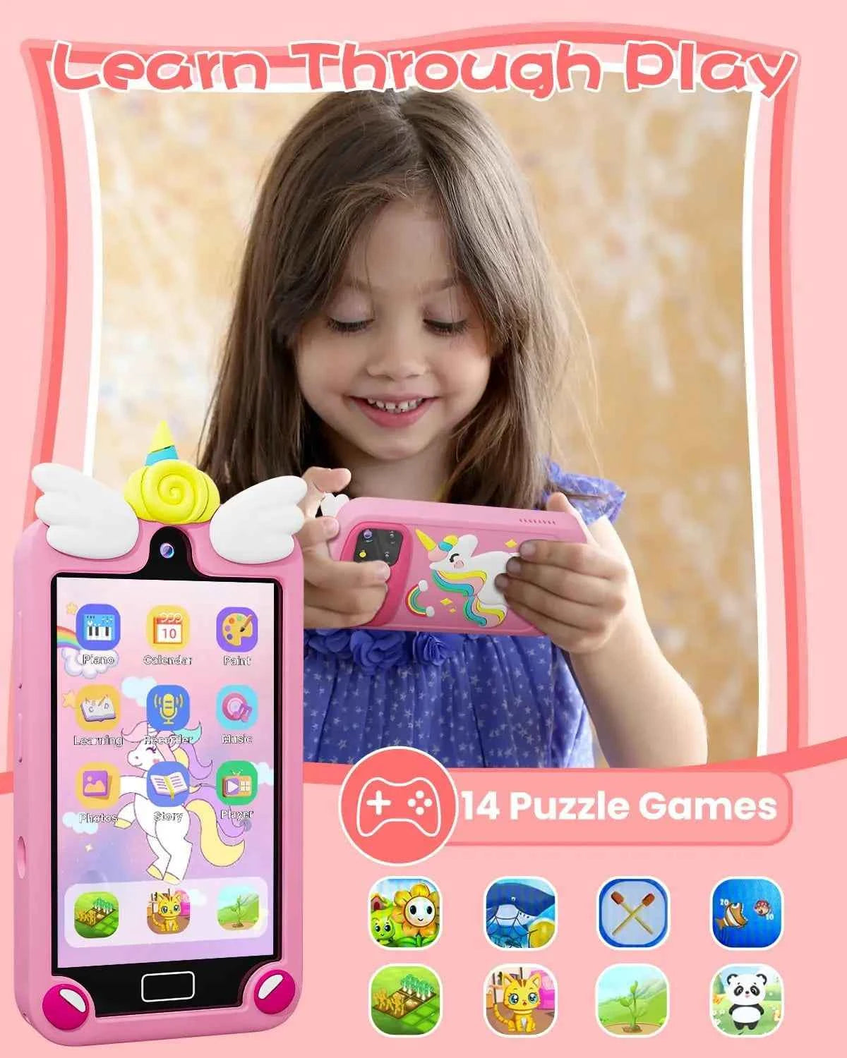 Kids Learning Smart Phone Toy – 4.0" Touchscreen with Dual Camera and 32GB Storage (Pink)
