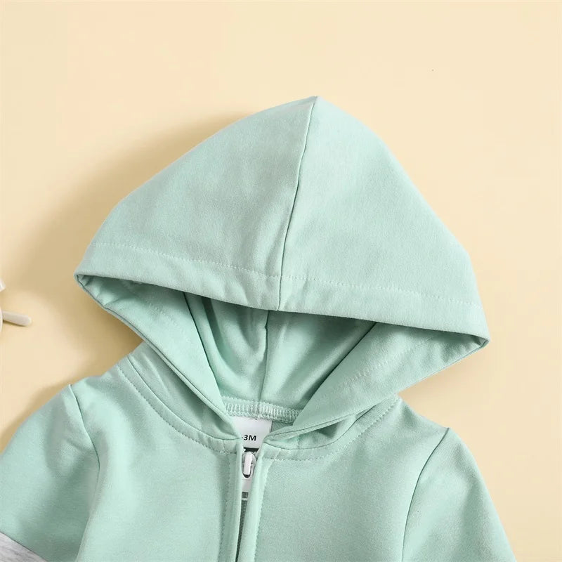 Infant Baby Boy Hooded Romper – Long Sleeve Contrast Zipper Jumpsuit 0-18M