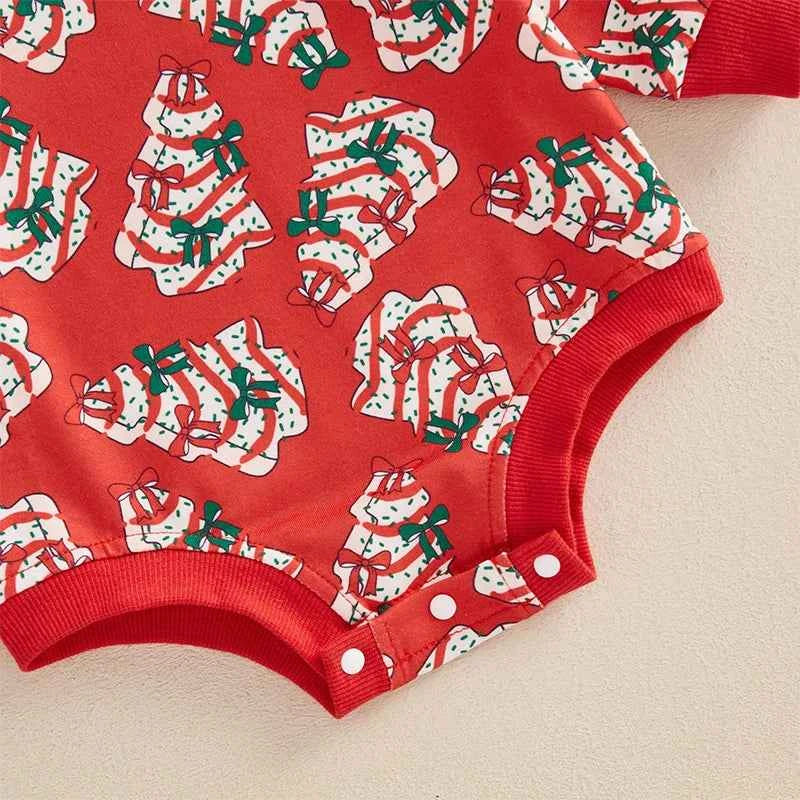 Baby Girl Christmas Romper Set – Long Sleeve Tree Print Jumpsuit with Cute Headband