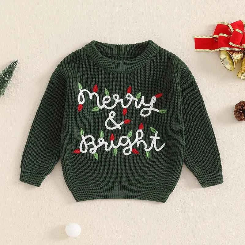 Cute Baby Christmas Knit Sweater -  Embroidered Letter Long Sleeve Pullover