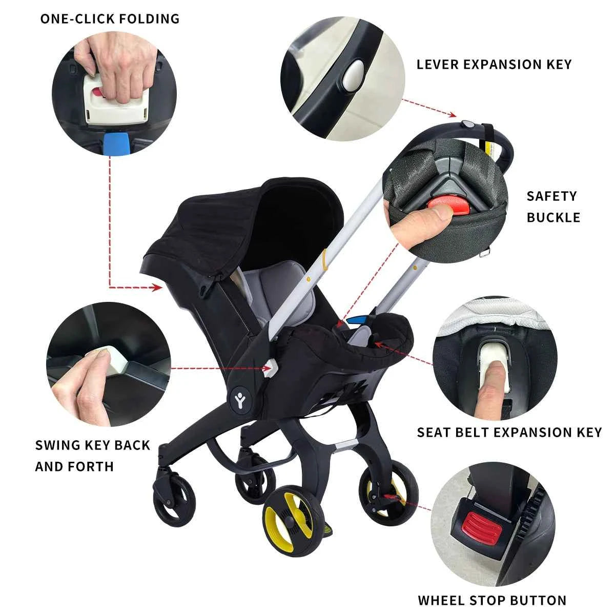 Baby stroller, Portable and foldable, metal frame, adjustable sunshade roof, two-way station wagon